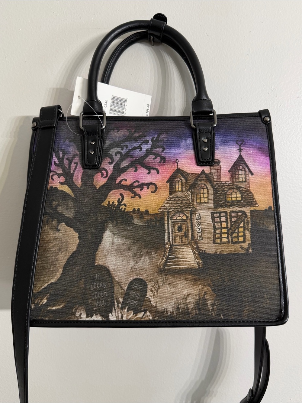 NWT Betsey Johnson Haunted House Tote Bag Halloween Satchel Purse with Bat Charm - Picture 5 of 8